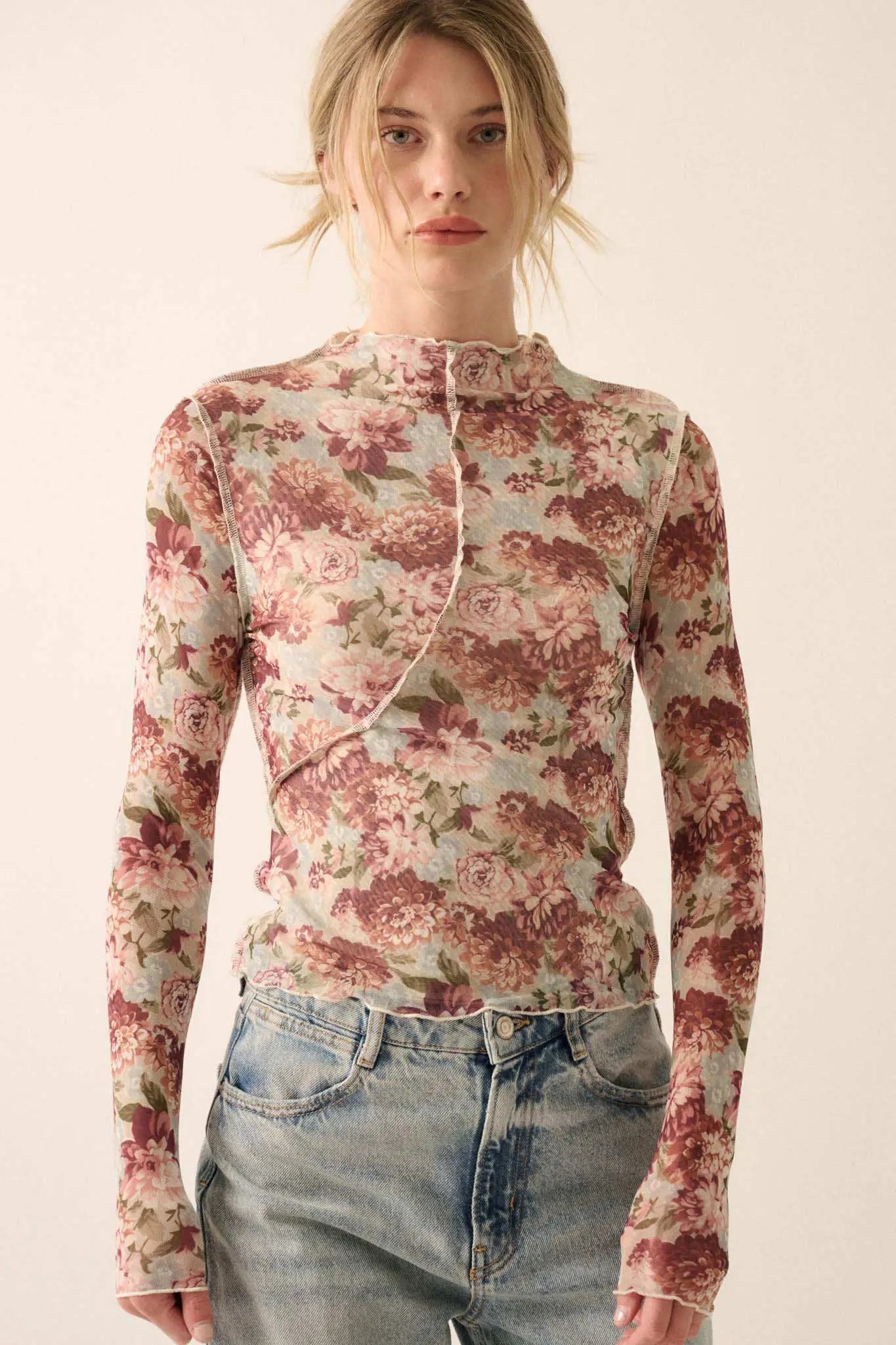 Delicate Blooms Floral Mesh Exposed-Seam Top