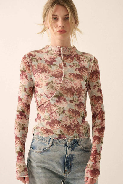 Delicate Blooms Floral Mesh Exposed-Seam Top