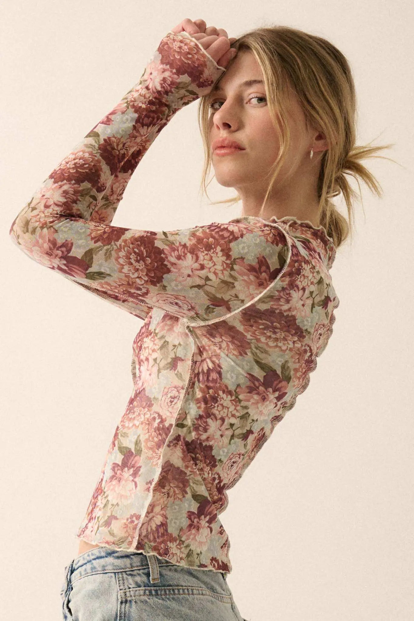 Delicate Blooms Floral Mesh Exposed-Seam Top