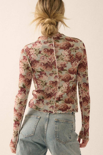 Delicate Blooms Floral Mesh Exposed-Seam Top
