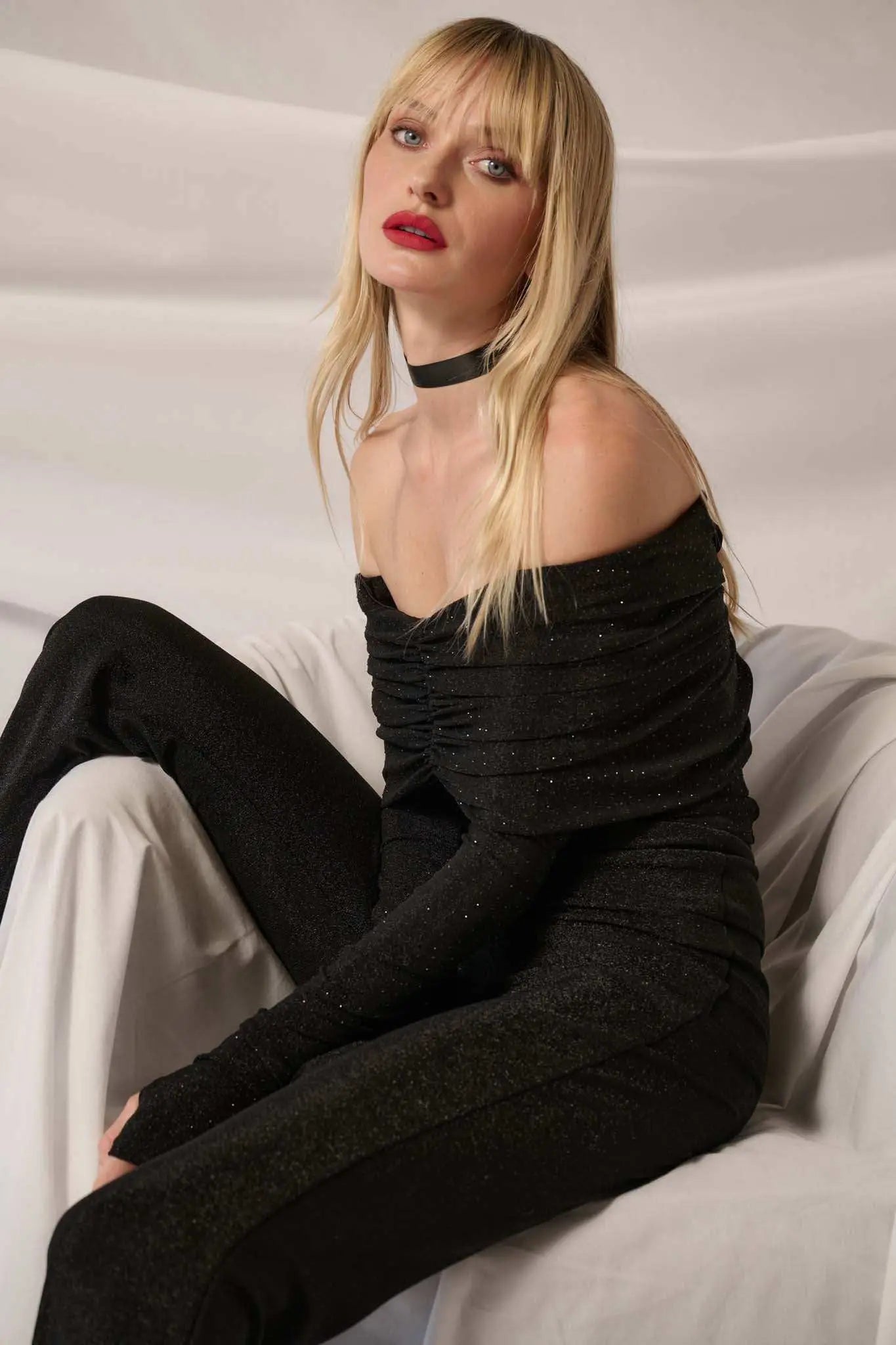 Light Years Studded Metallic Off-Shoulder Top