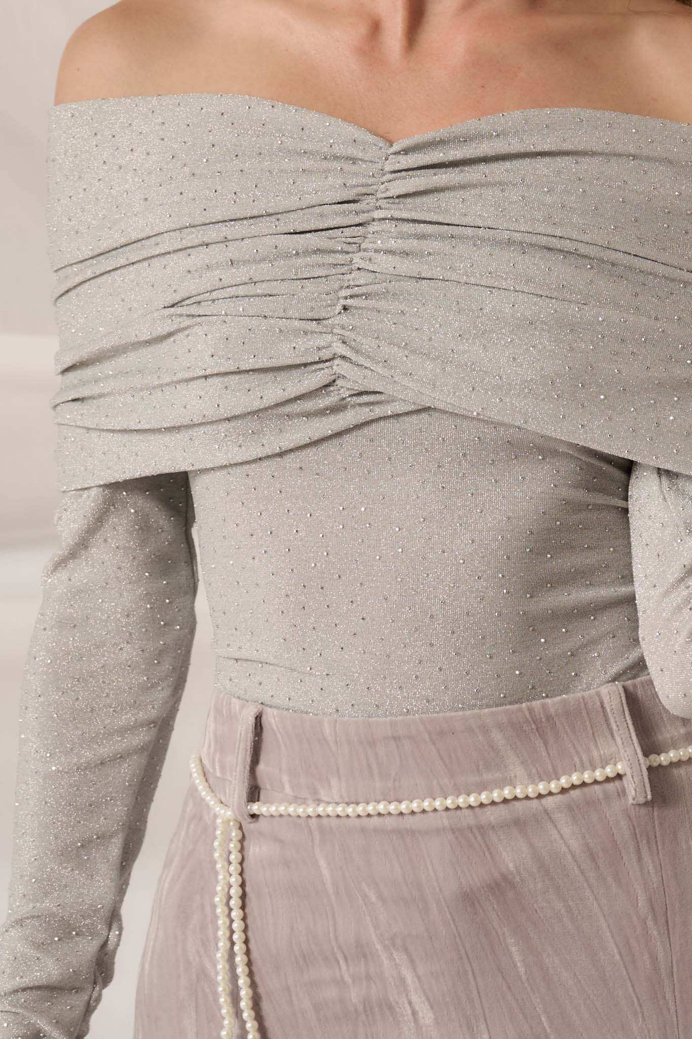 Light Years Studded Metallic Off-Shoulder Top