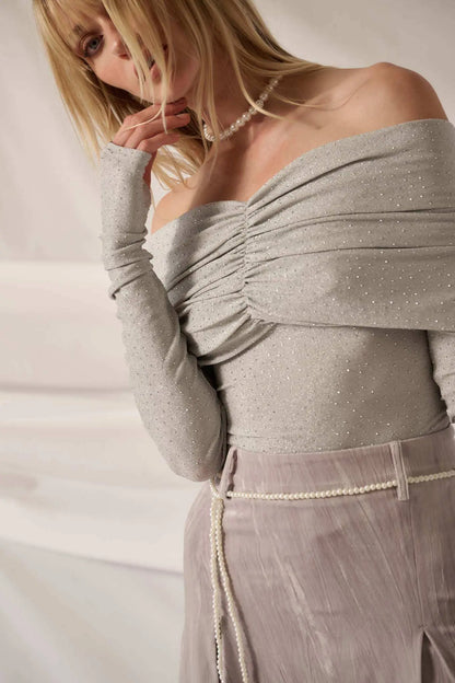 Light Years Studded Metallic Off-Shoulder Top