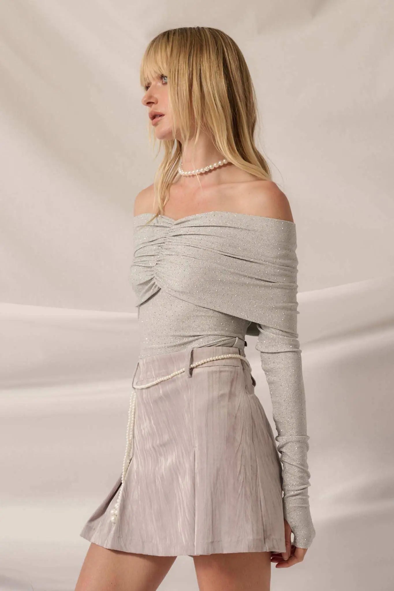 Light Years Studded Metallic Off-Shoulder Top