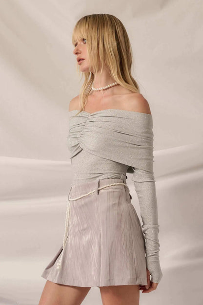 Light Years Studded Metallic Off-Shoulder Top