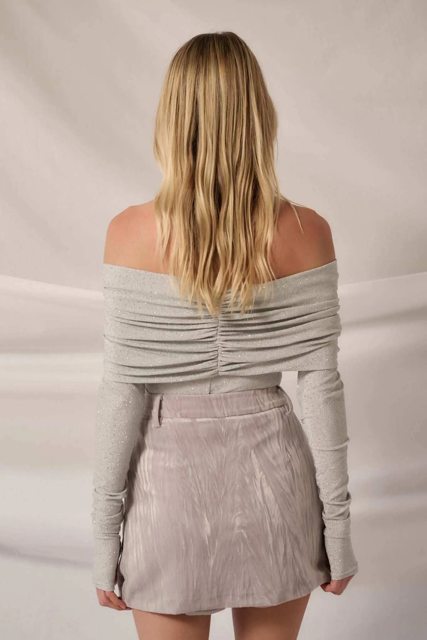 Light Years Studded Metallic Off-Shoulder Top
