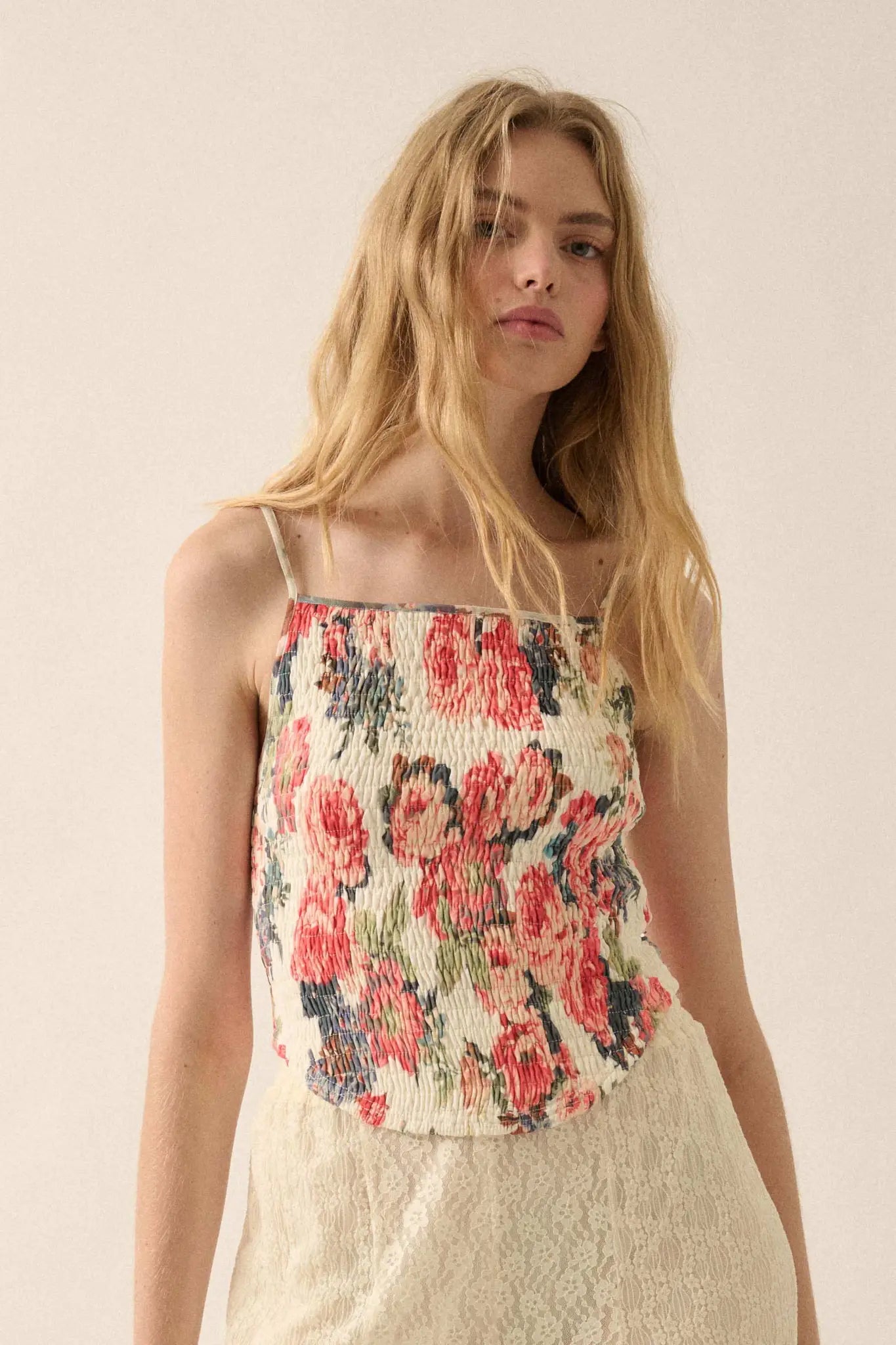 Exquisite Blooms Smocked Floral Mesh Cami Top