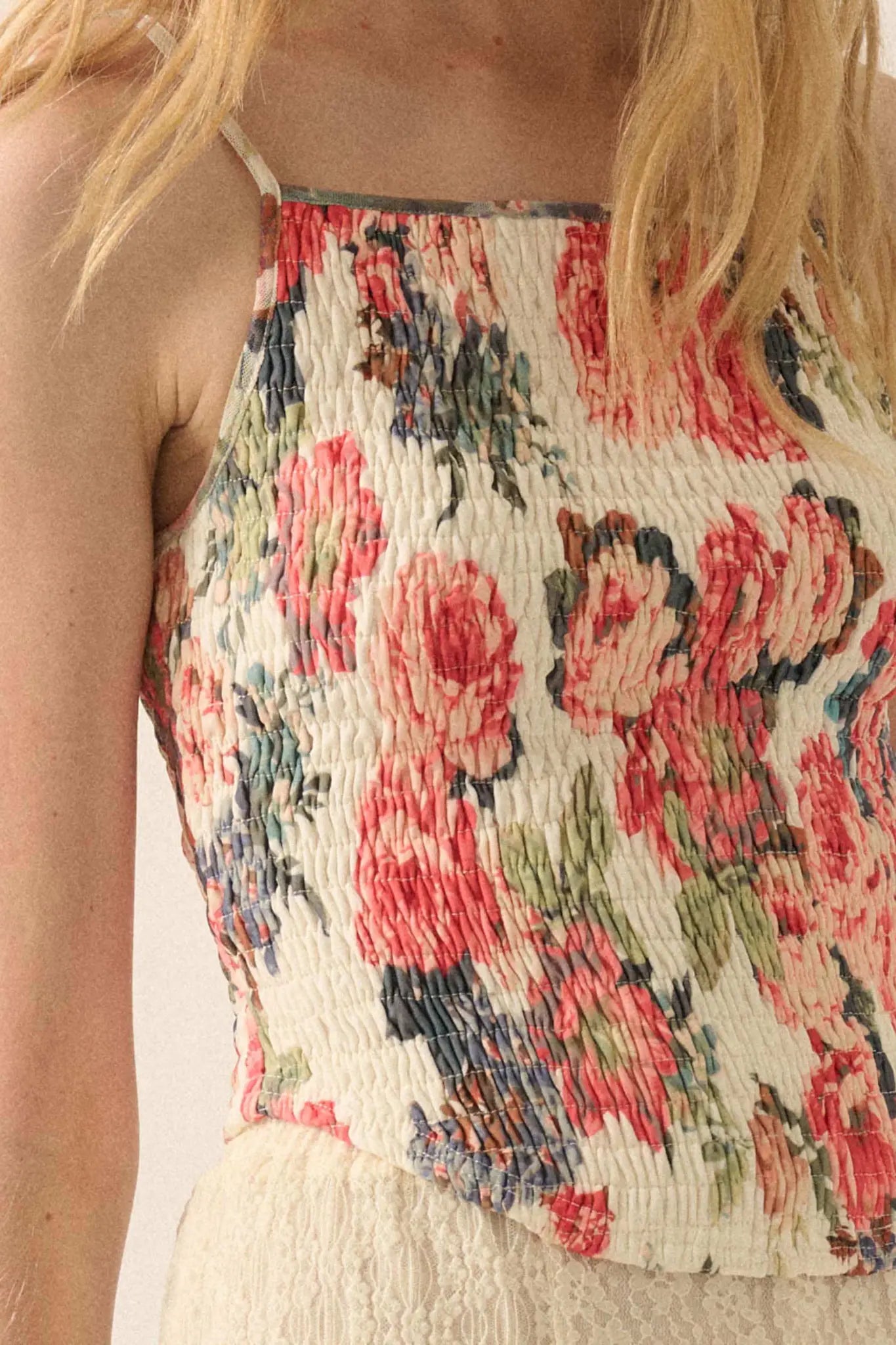 Exquisite Blooms Smocked Floral Mesh Cami Top