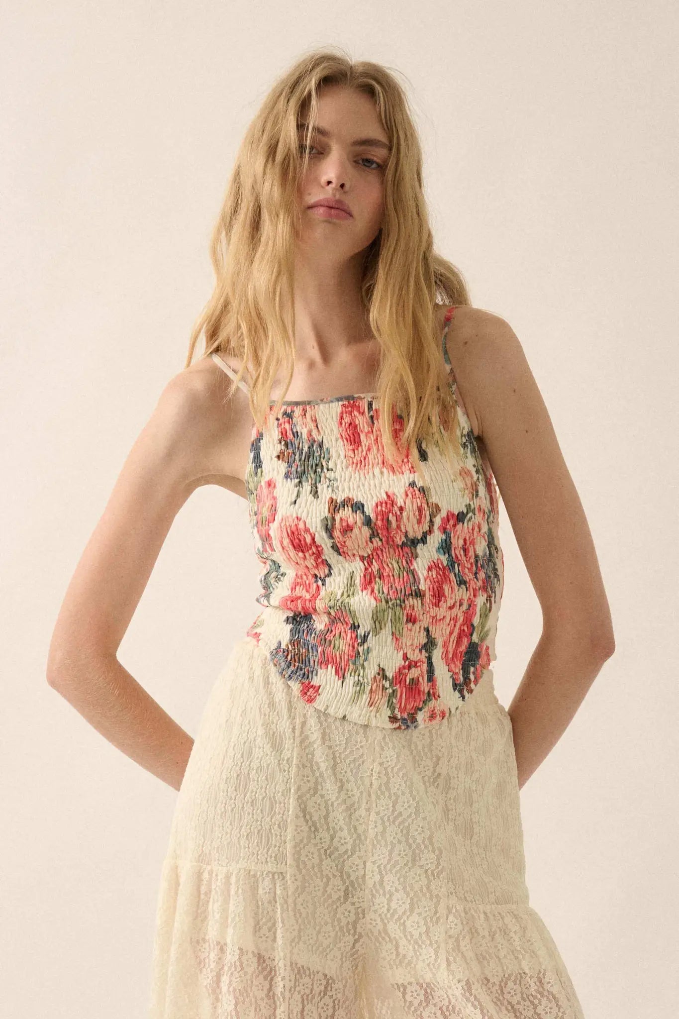 Exquisite Blooms Smocked Floral Mesh Cami Top