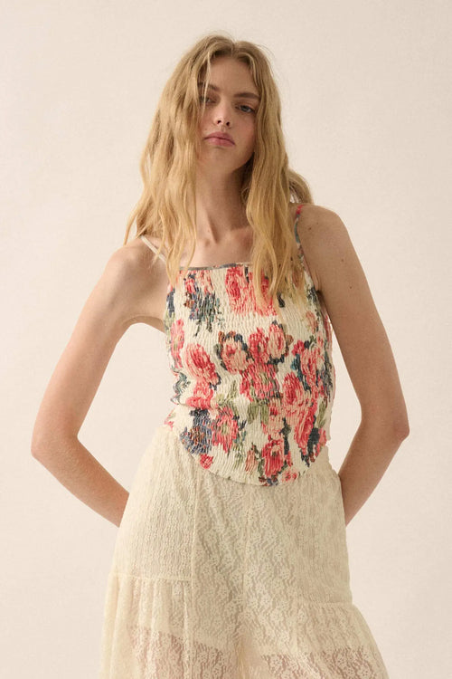 Exquisite Blooms Smocked Floral Mesh Cami Top