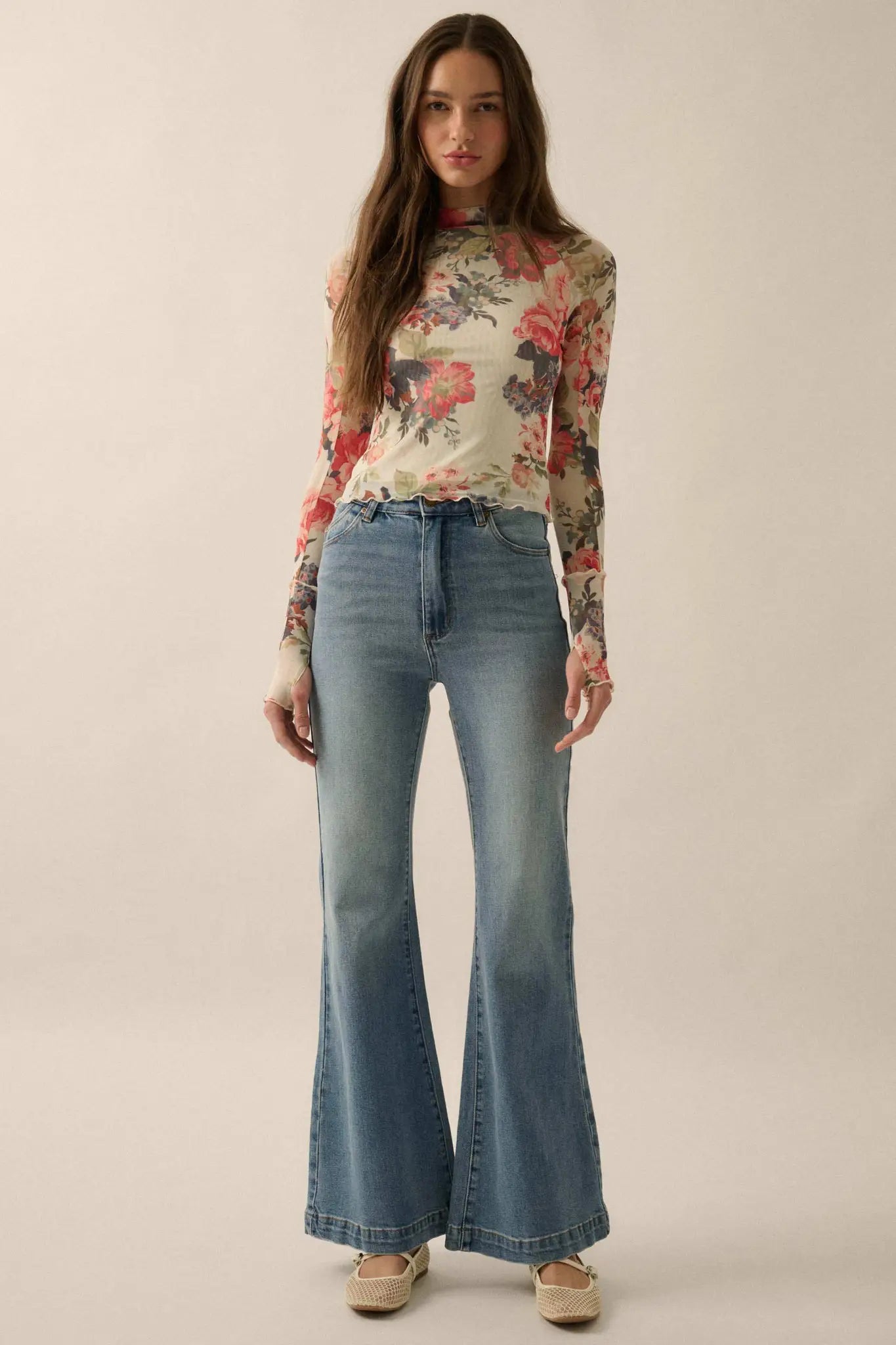 In Bloom Floral Mesh Mock-Neck Thumbhole Top