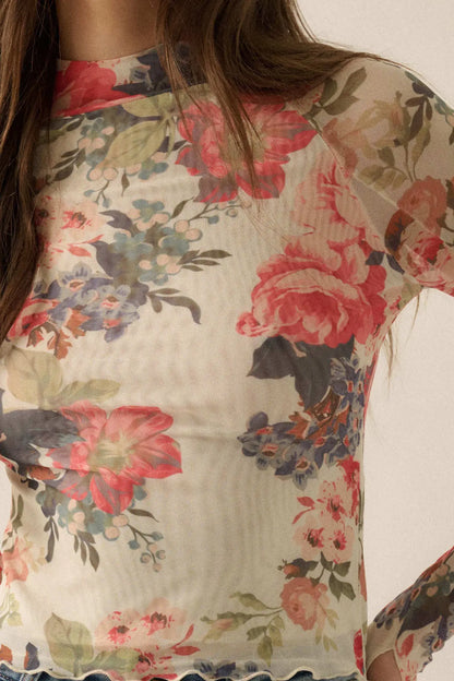 In Bloom Floral Mesh Mock-Neck Thumbhole Top