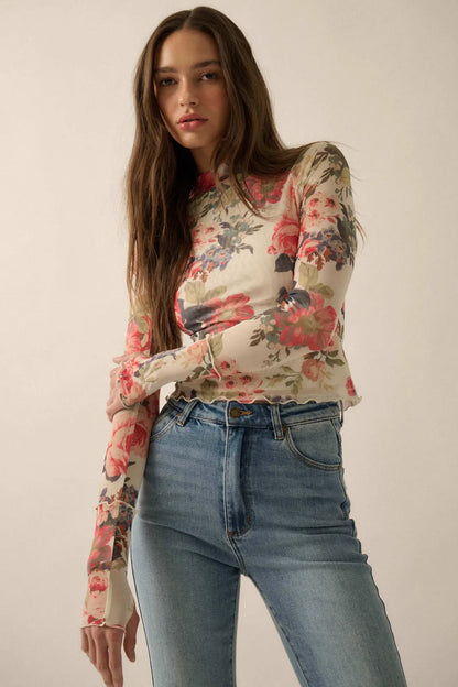 In Bloom Floral Mesh Mock-Neck Thumbhole Top