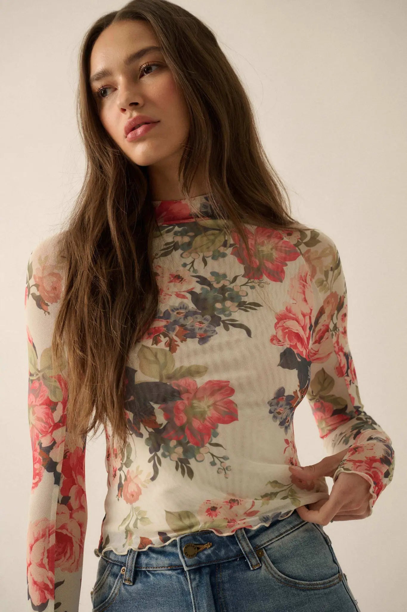In Bloom Floral Mesh Mock-Neck Thumbhole Top