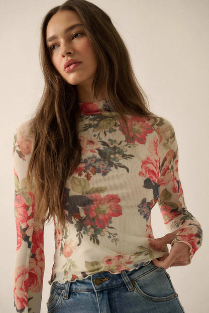 In Bloom Floral Mesh Mock-Neck Thumbhole Top