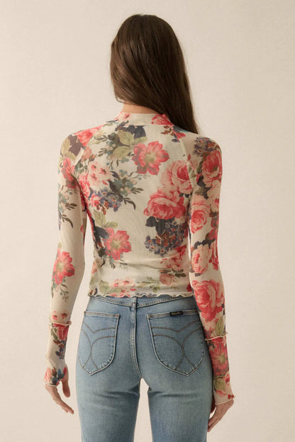 In Bloom Floral Mesh Mock-Neck Thumbhole Top