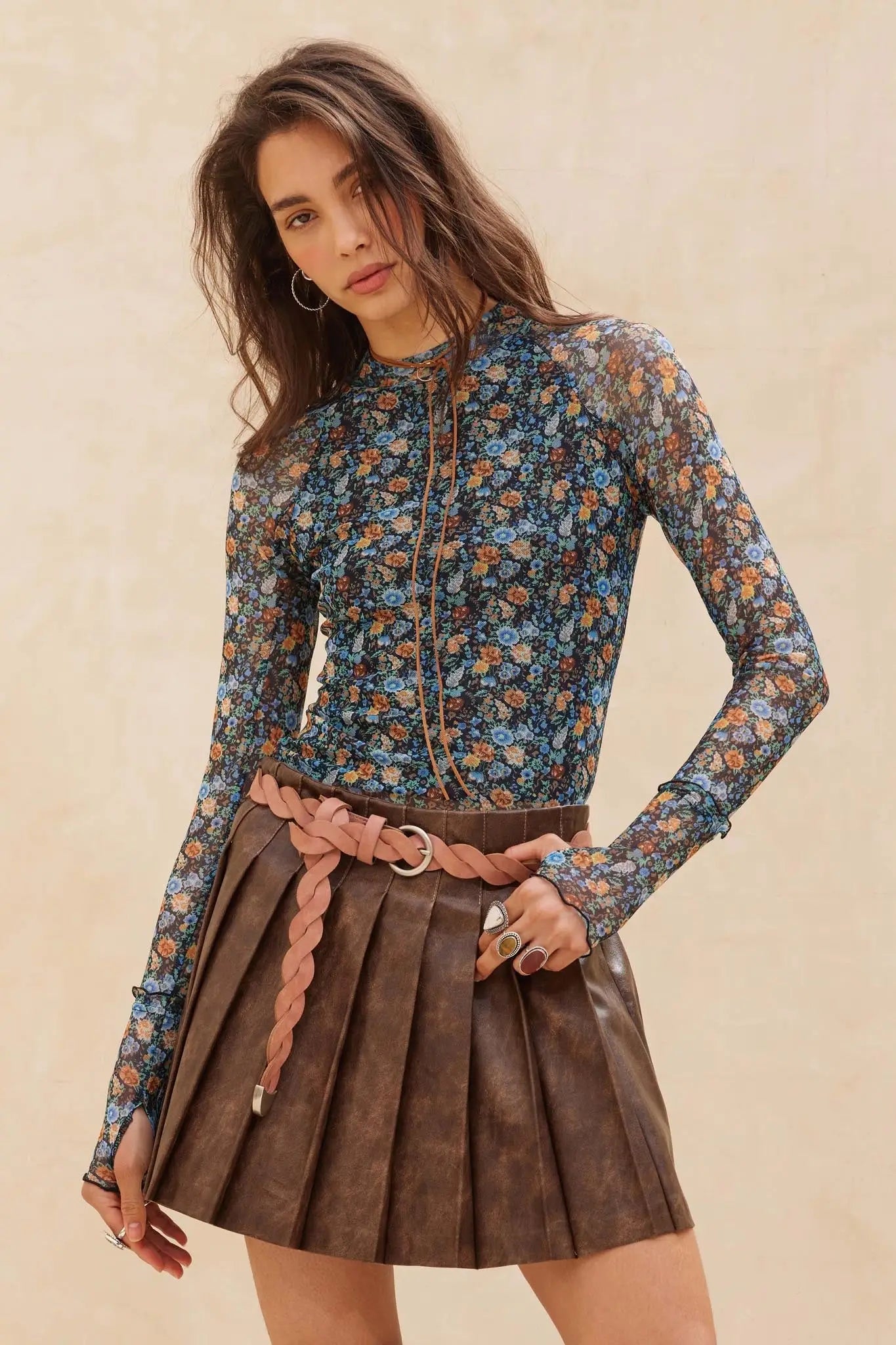 Blooming Bright Floral Mesh Thumbhole Top