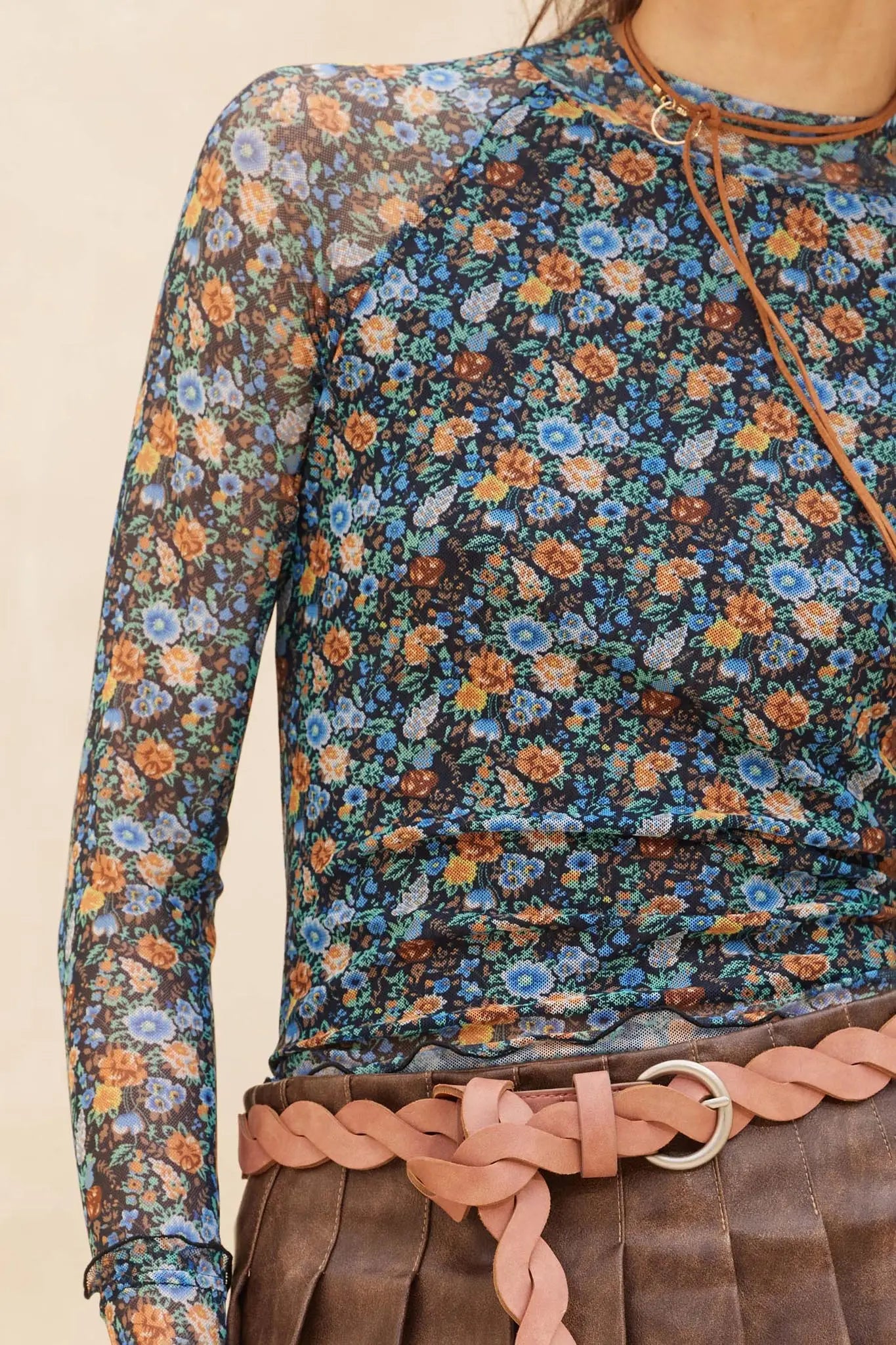 Blooming Bright Floral Mesh Thumbhole Top