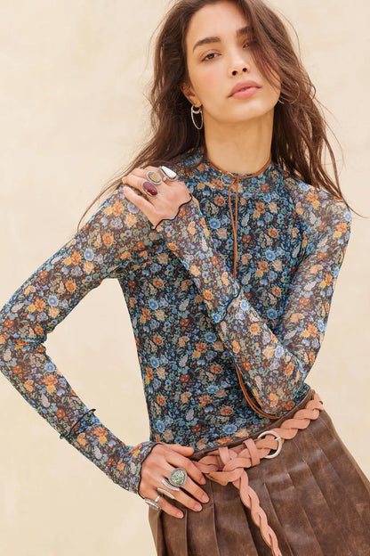 Blooming Bright Floral Mesh Thumbhole Top