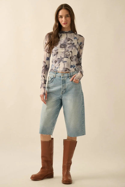 Painted Beauty Floral Mesh Mock-Neck Thumbhole Top