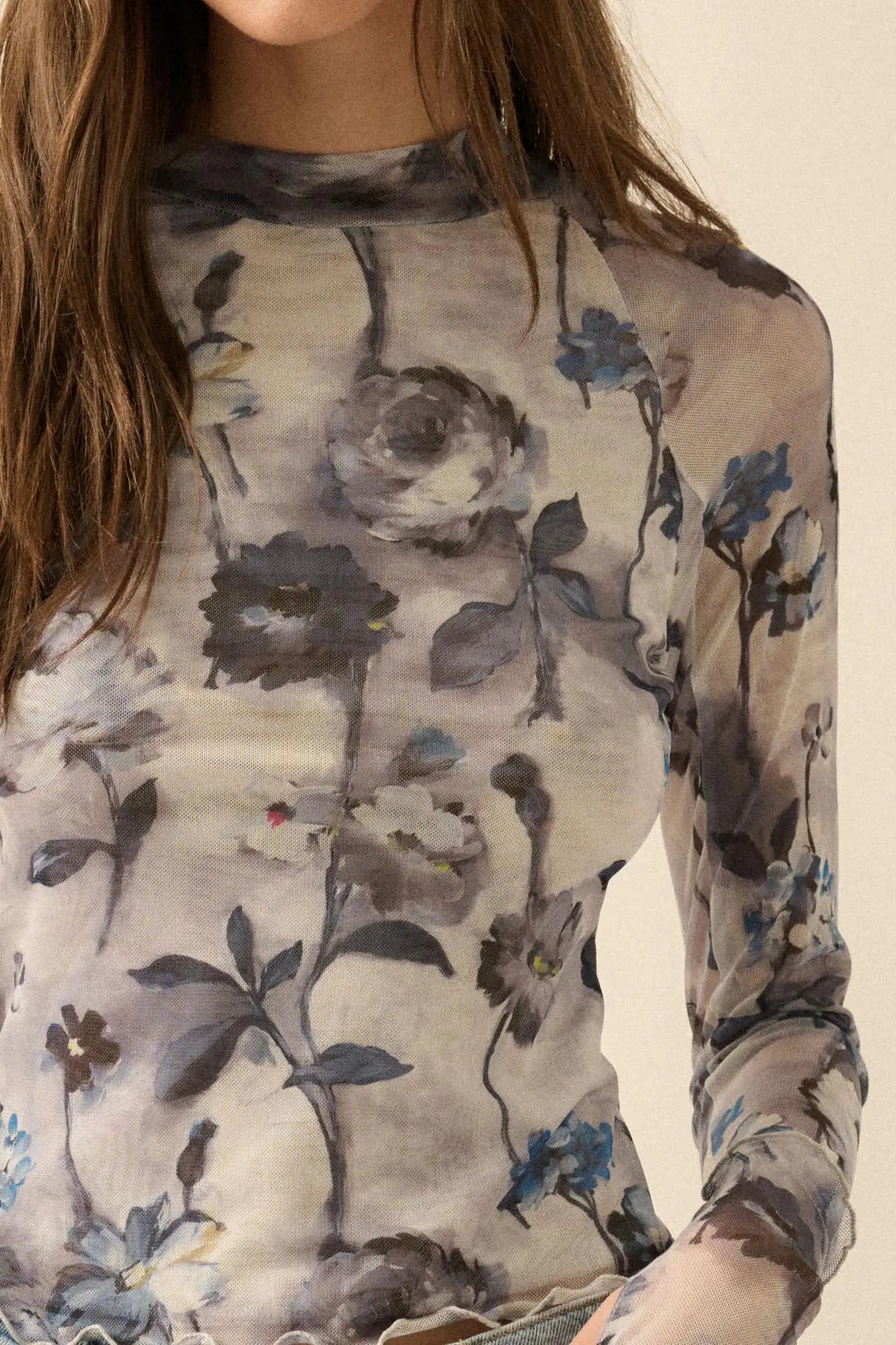 Painted Beauty Floral Mesh Mock-Neck Thumbhole Top