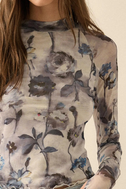 Painted Beauty Floral Mesh Mock-Neck Thumbhole Top