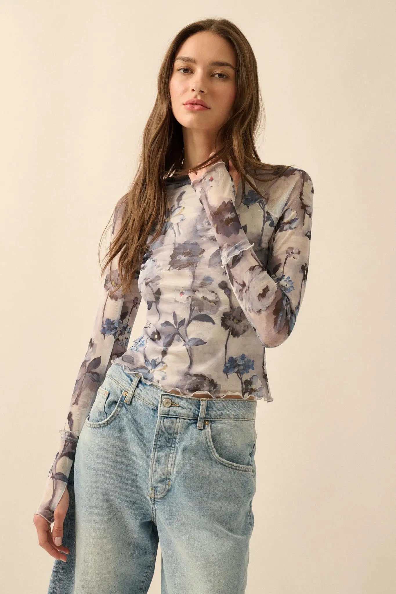 Painted Beauty Floral Mesh Mock-Neck Thumbhole Top