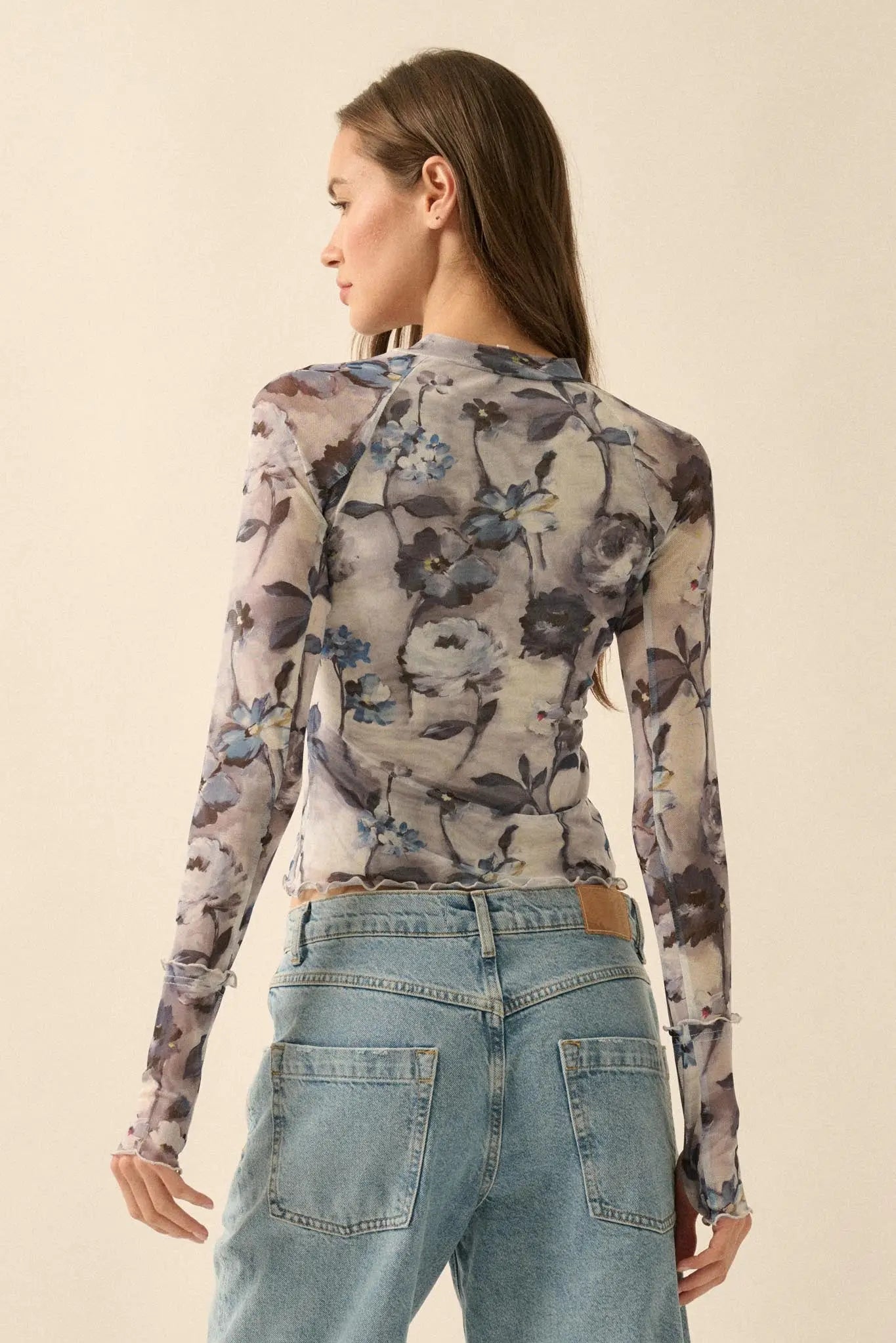 Painted Beauty Floral Mesh Mock-Neck Thumbhole Top