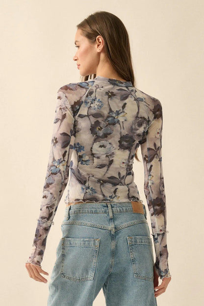 Painted Beauty Floral Mesh Mock-Neck Thumbhole Top