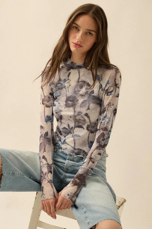 Painted Beauty Floral Mesh Mock-Neck Thumbhole Top