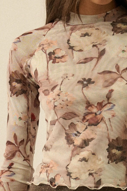 Painted Beauty Floral Mesh Mock-Neck Thumbhole Top