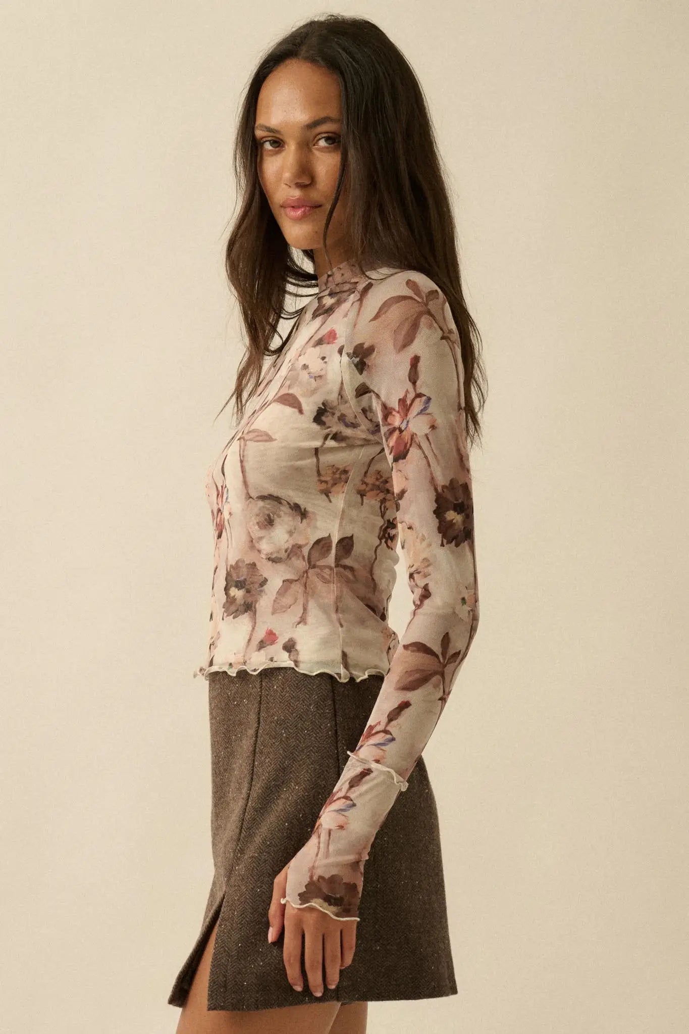 Painted Beauty Floral Mesh Mock-Neck Thumbhole Top