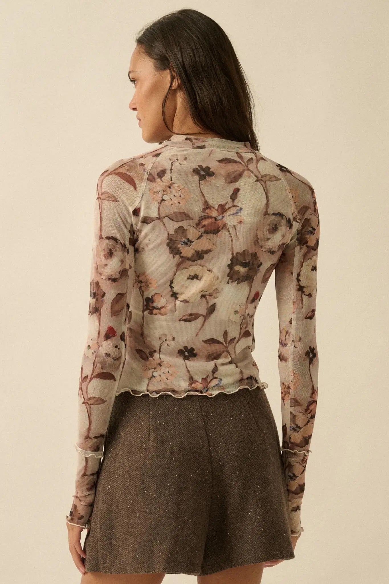 Painted Beauty Floral Mesh Mock-Neck Thumbhole Top