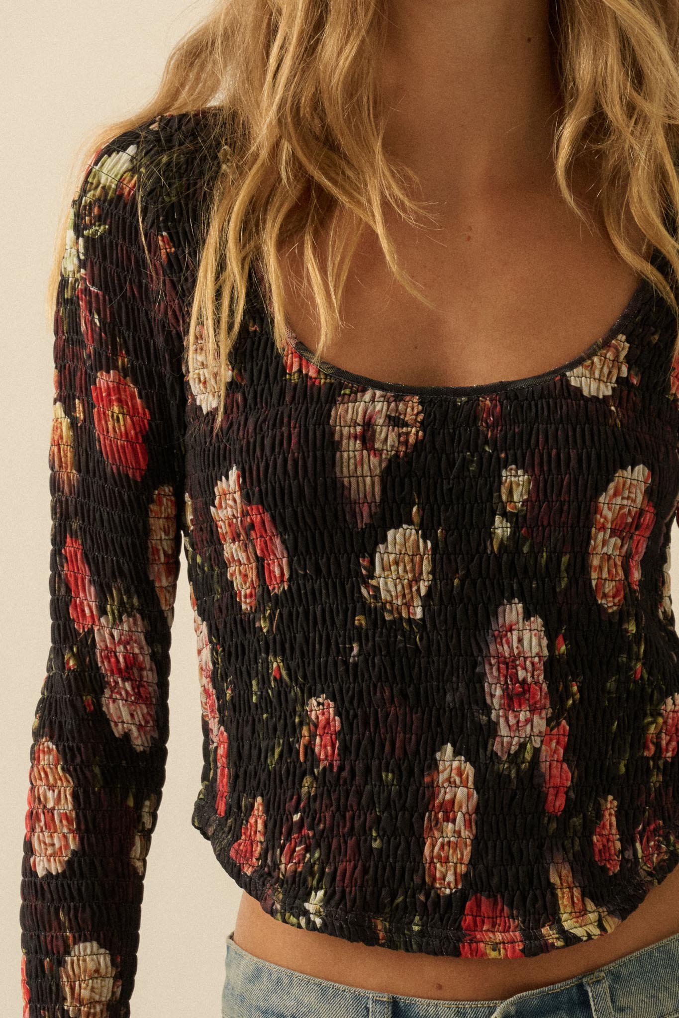 Heirloom Blooms Floral Mesh Smocked Corset Top