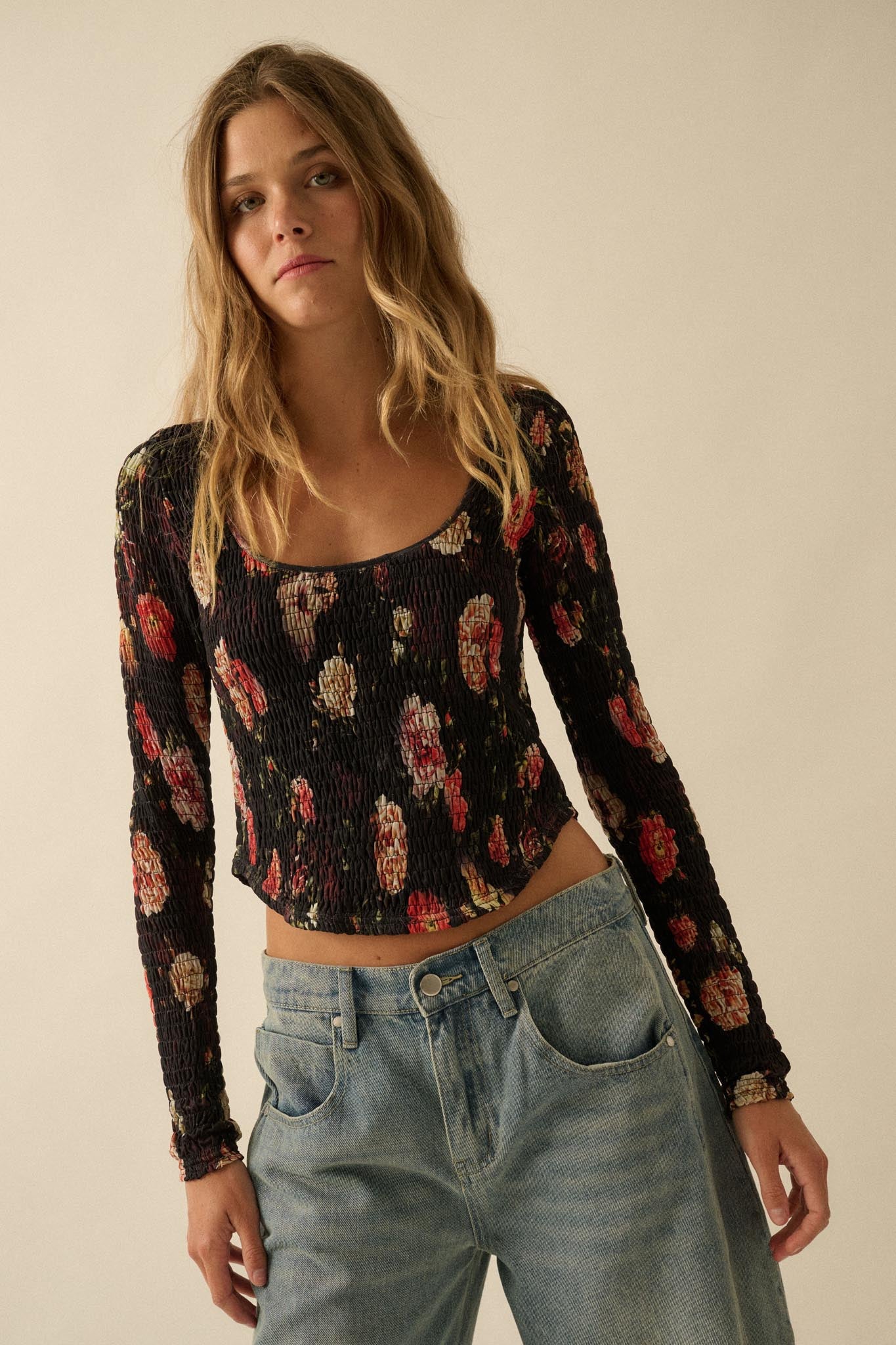 Heirloom Blooms Floral Mesh Smocked Corset Top