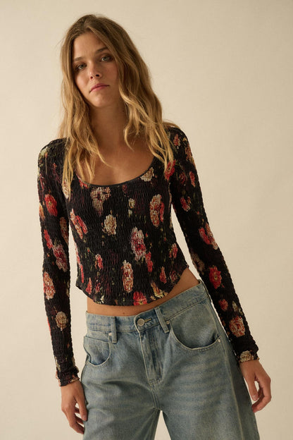 Heirloom Blooms Floral Mesh Smocked Corset Top