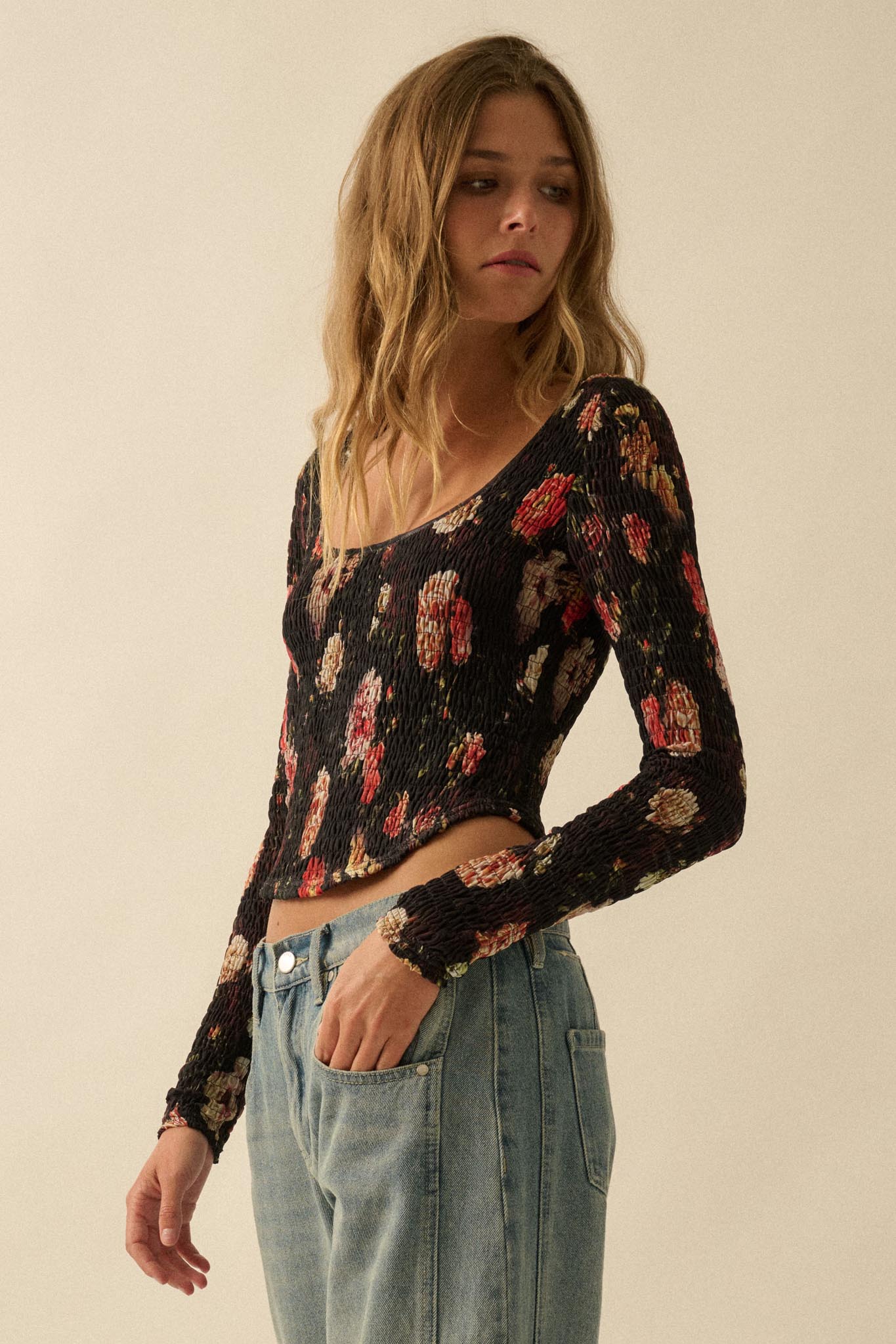 Heirloom Blooms Floral Mesh Smocked Corset Top