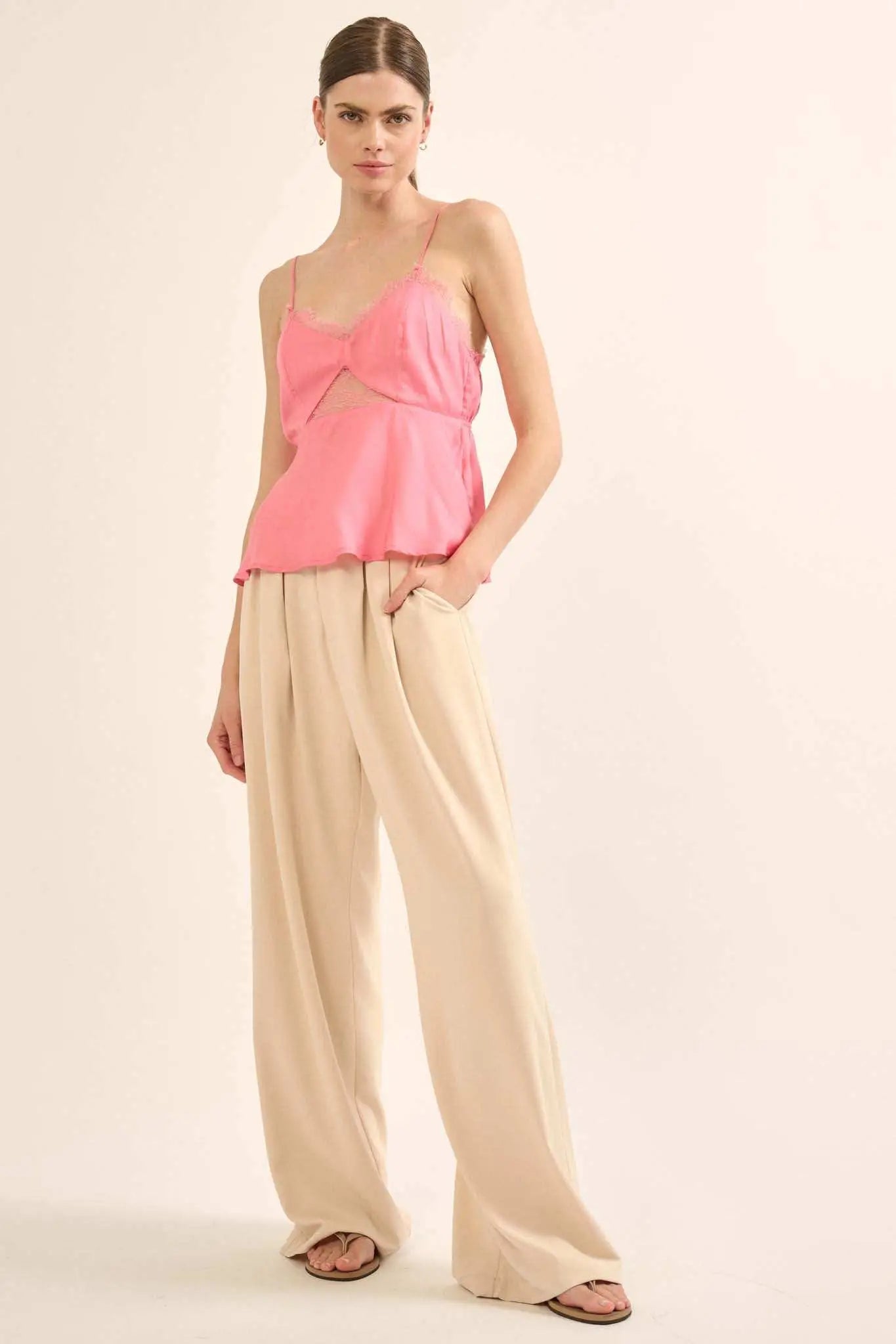 Feeling Pretty Satin and Lace Keyhole Cami Top