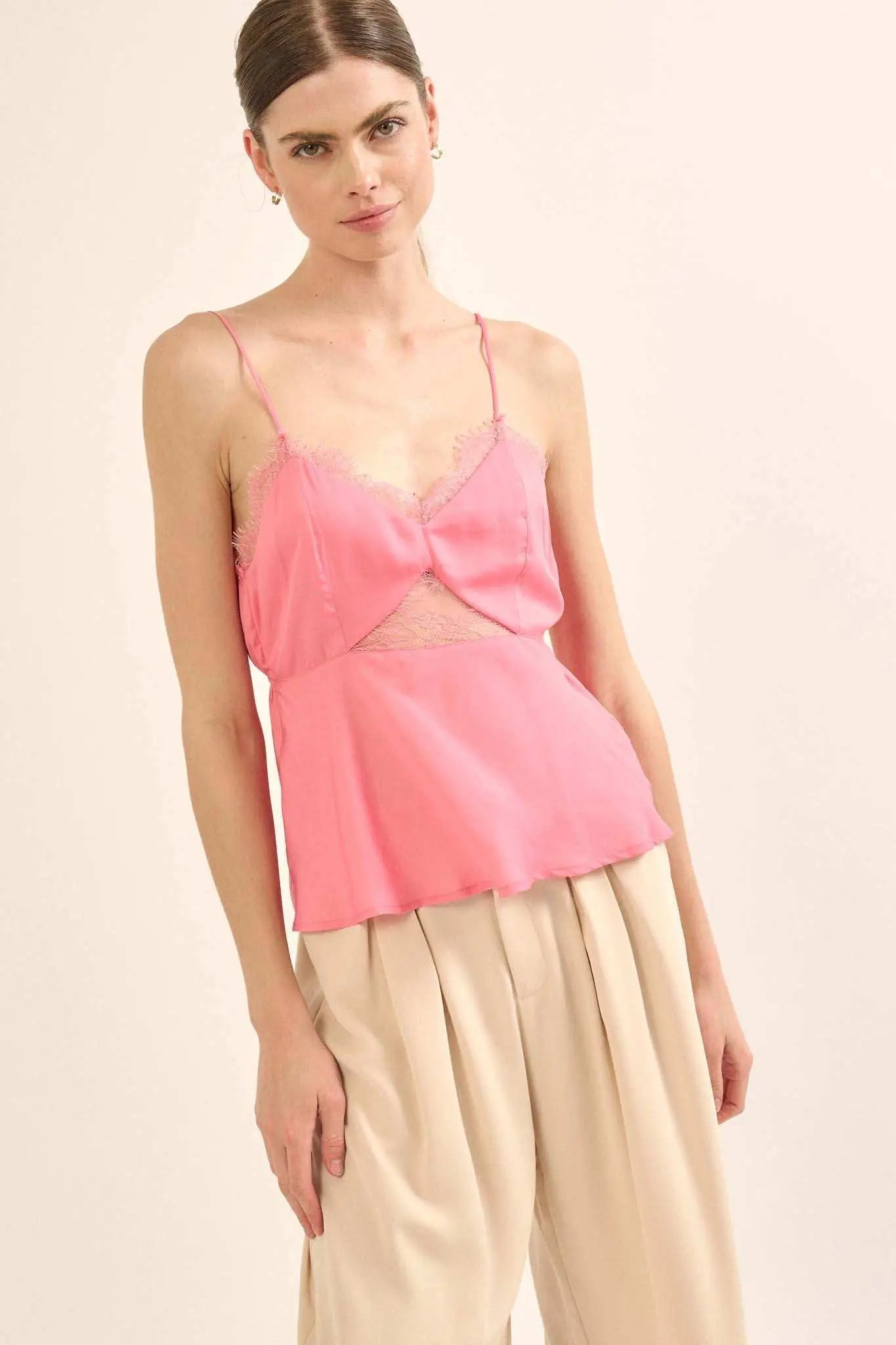 Feeling Pretty Satin and Lace Keyhole Cami Top