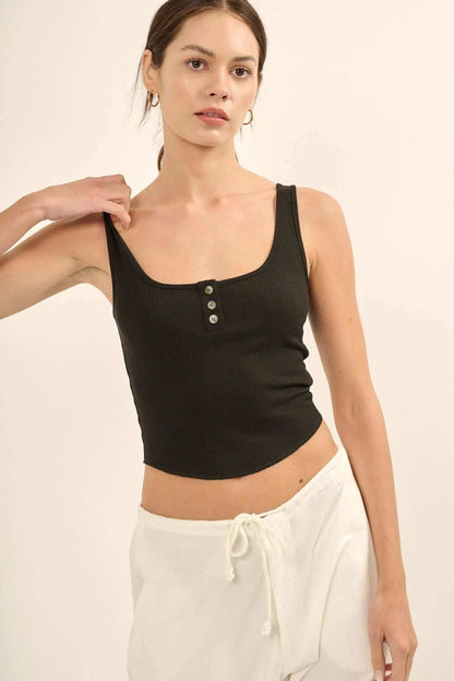 Promise the Label Rib-Knit Cropped Henley Tank Top