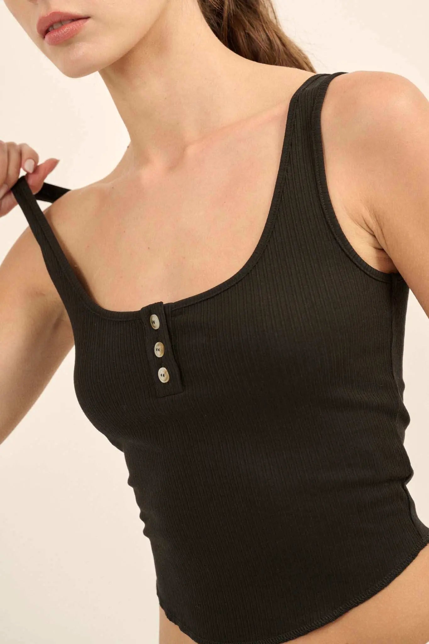 Promise the Label Rib-Knit Cropped Henley Tank Top