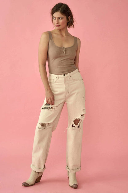Promise the Label Rib-Knit Cropped Henley Tank Top