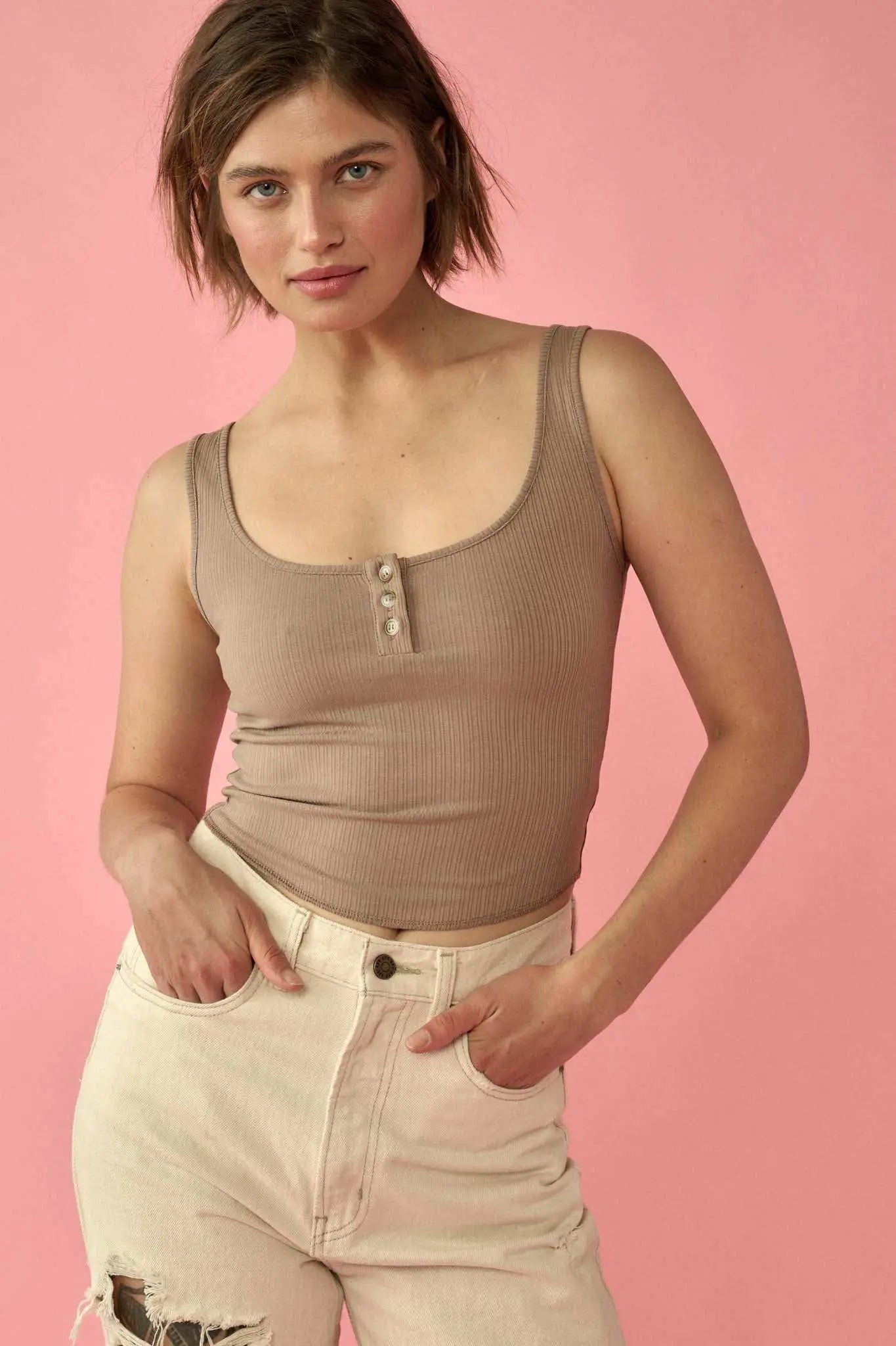 Promise the Label Rib-Knit Cropped Henley Tank Top