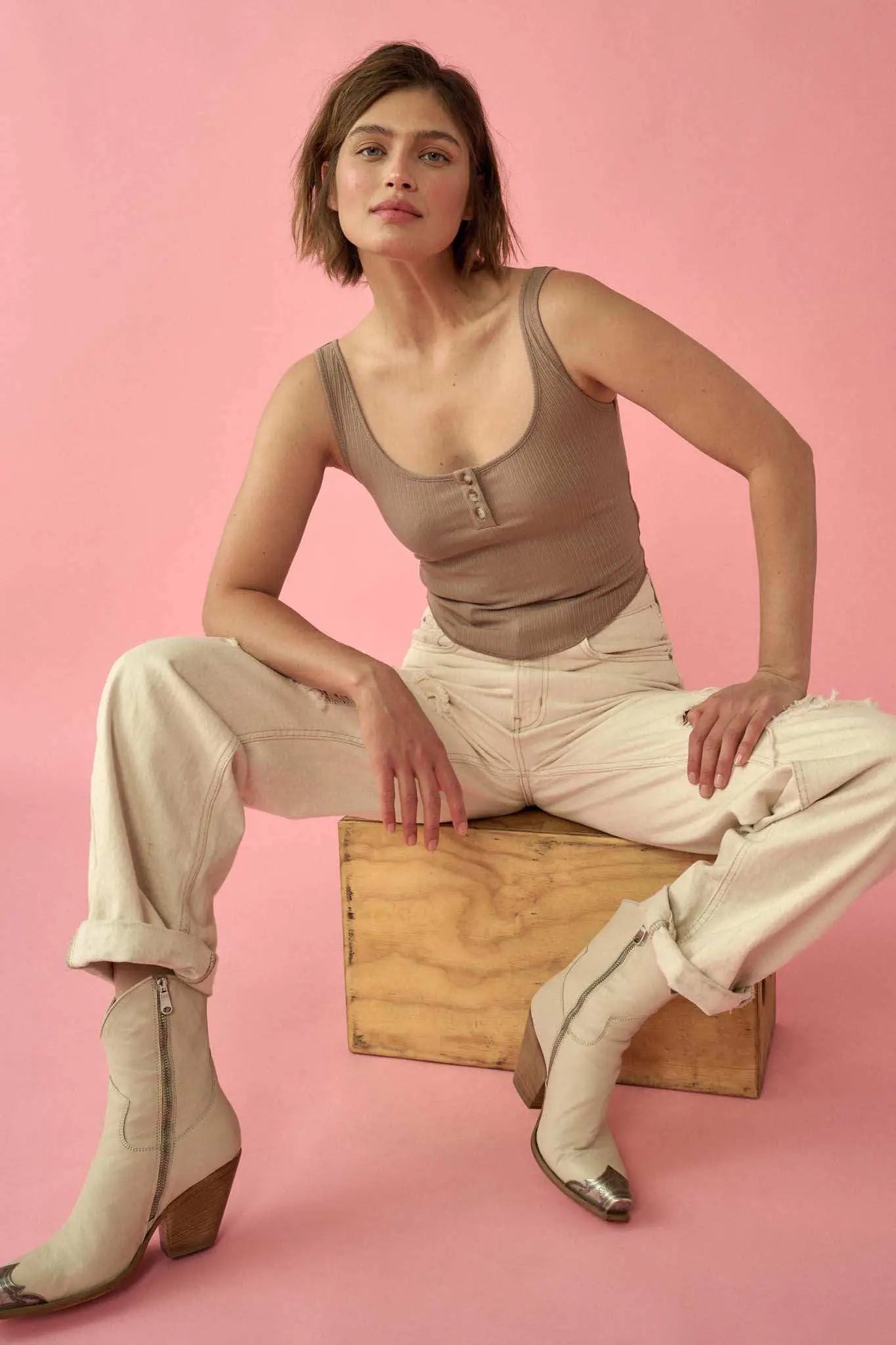 Promise the Label Rib-Knit Cropped Henley Tank Top