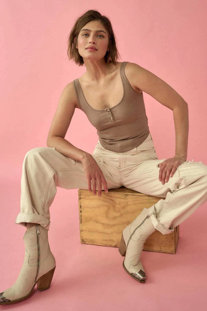 Promise the Label Rib-Knit Cropped Henley Tank Top