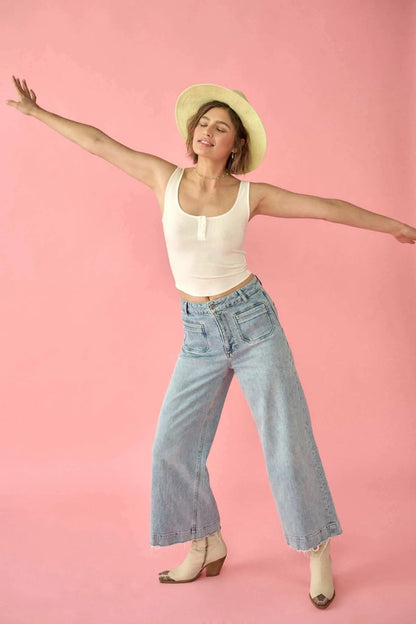 Promise the Label Rib-Knit Cropped Henley Tank Top