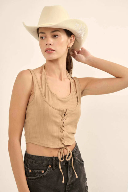 Promise the Label Rib-Knit Layered Lace-Up Tank Top