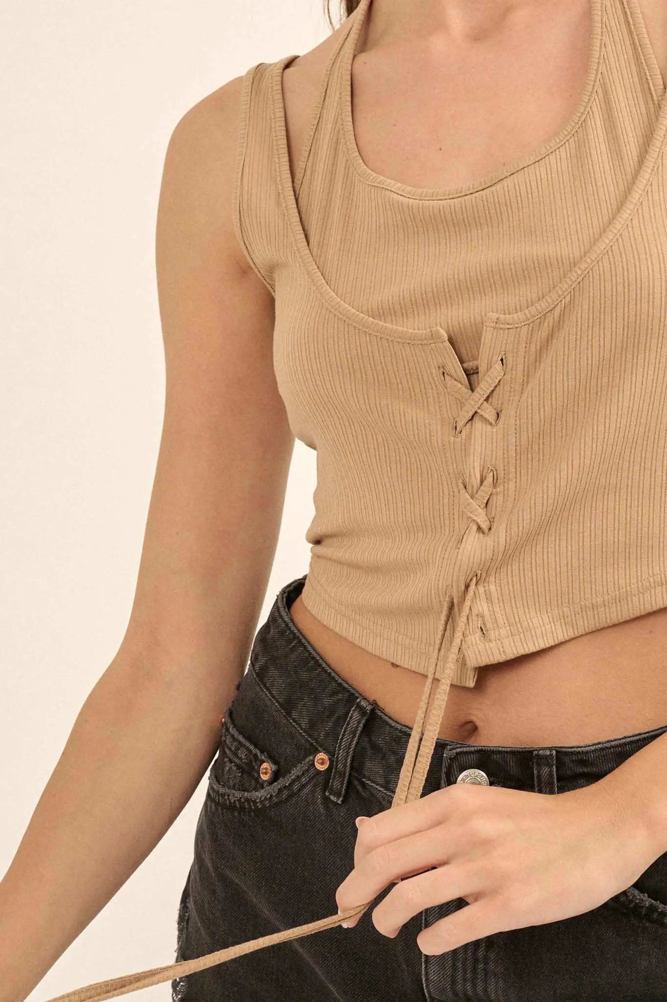 Promise the Label Rib-Knit Layered Lace-Up Tank Top