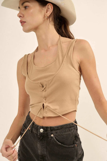 Promise the Label Rib-Knit Layered Lace-Up Tank Top
