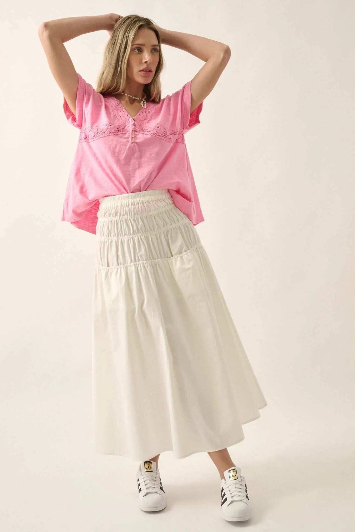 Rise and Shine Lace-Trimmed Slub Cotton Henley Tee